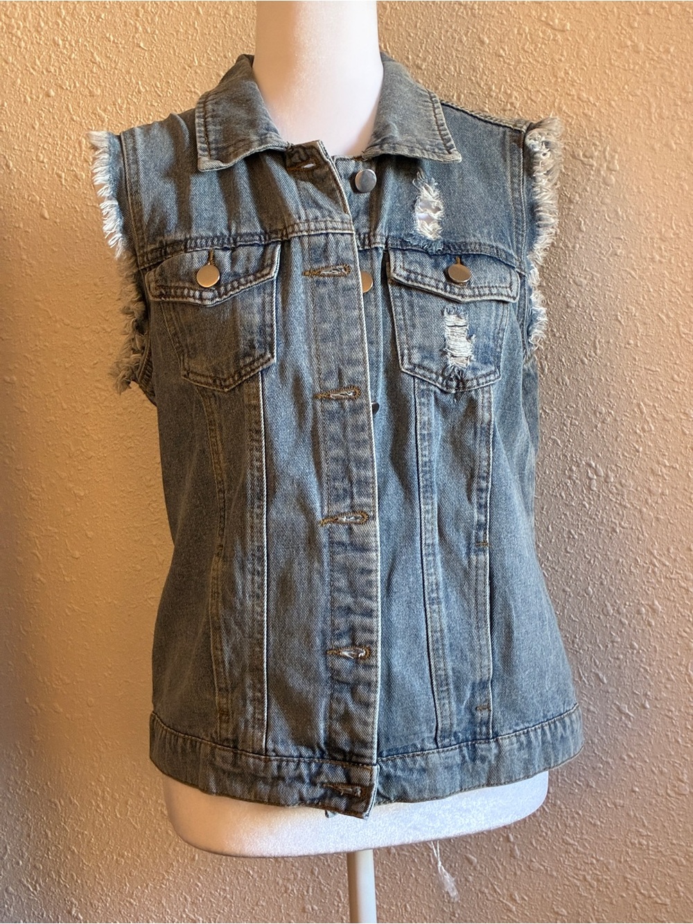 Source Unknown Light Blue Distressed Sleeveless Denim Vest